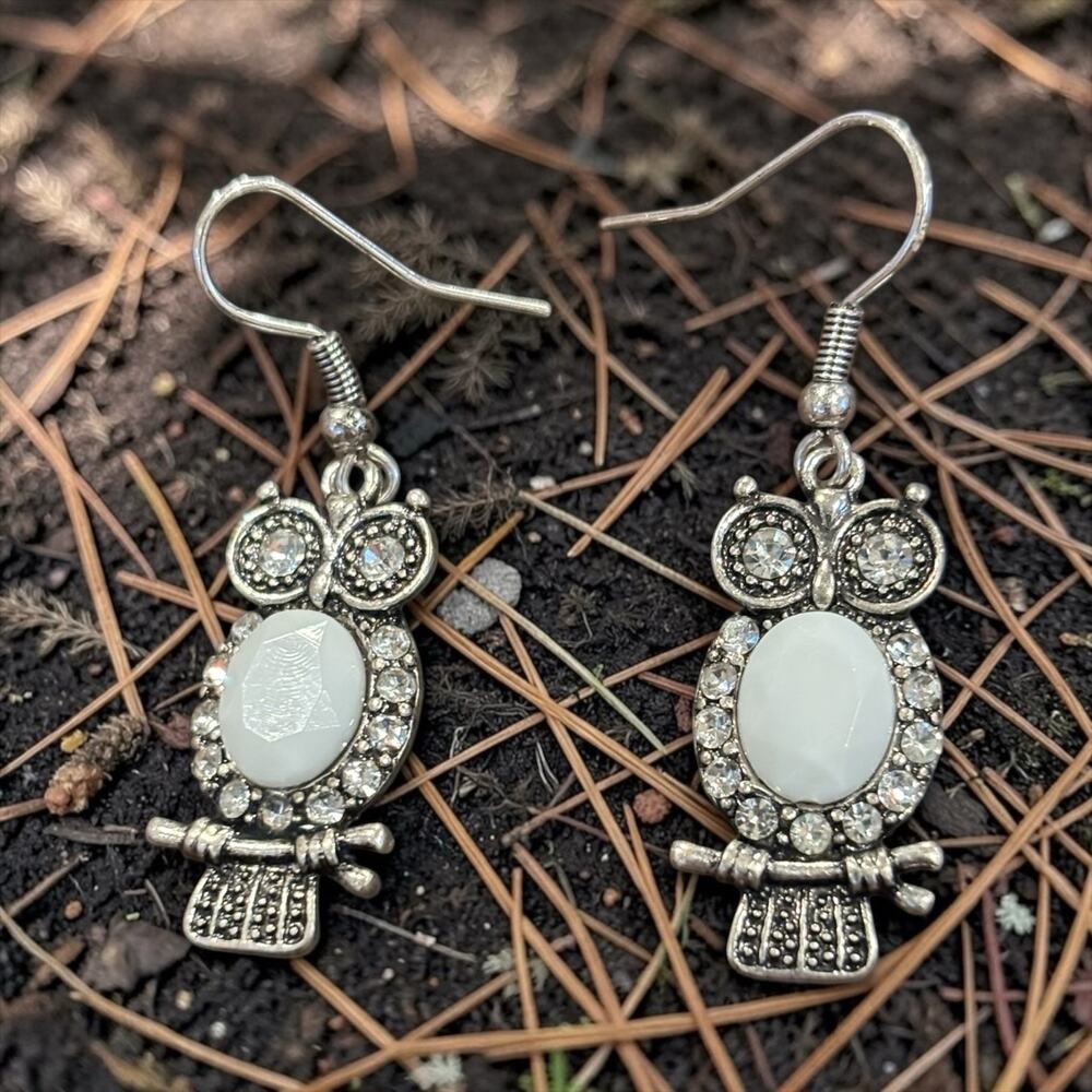 Vintage Owl Earrings White Rhinestone Dangle Kitsch Woodland Boho